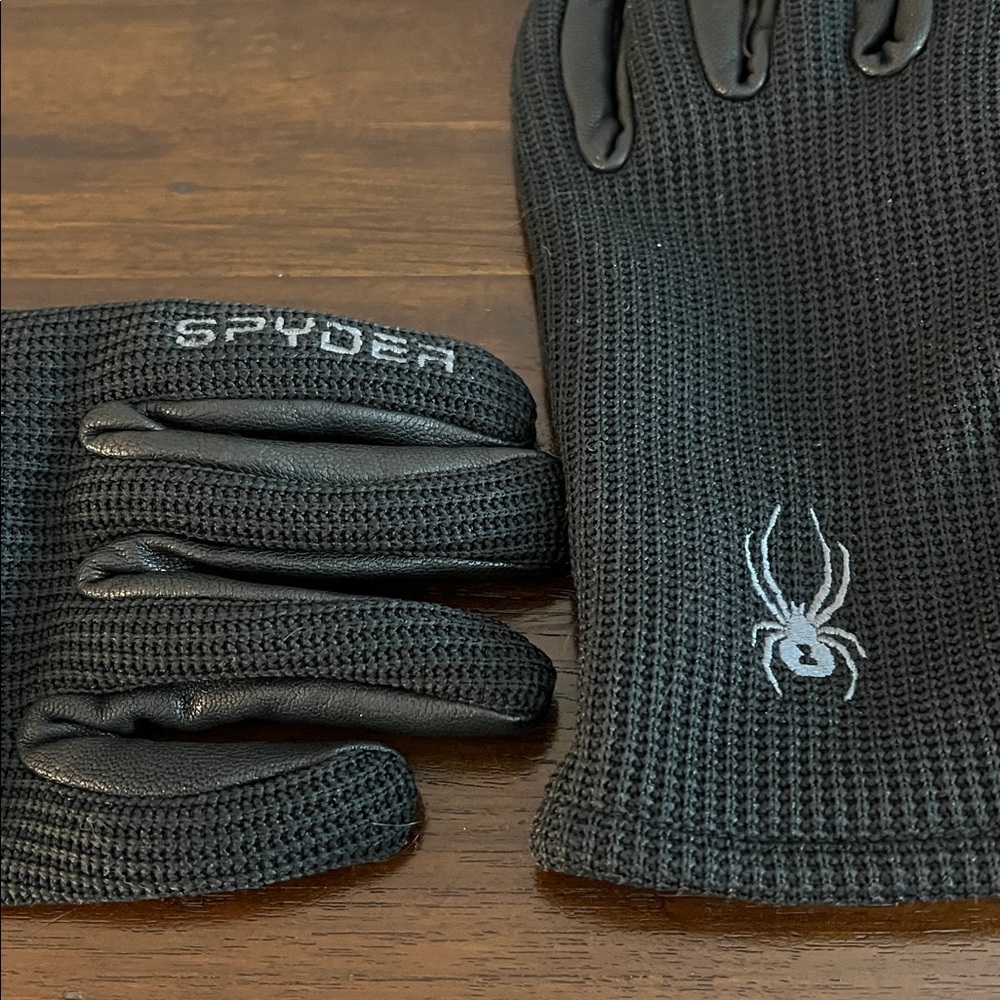 Spyder Black Knit and Leather Gloves with Embroidered Spyder Logo, Size Medium - Picture 2 of 10